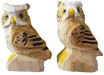 CleanPrince Eulen Eule 2 Stück im Set, handgeschnitzt, Glasaugen, handbemalt, ca. 8,0 cm hoch, Waldkauz, Waldvogel, Holzfiguren, Vögel, Schleiereulen, Kauz