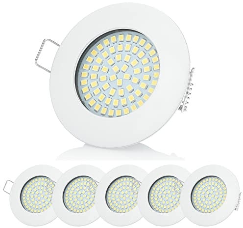 Sweet Led 6er Einbaustrahler flach, 3,5W 330Lumen 6500K Kaltweiß, Lochmaß 65mm,Einbauleuchten Abmessung Ø75mm, Einbautiefe: 28mm 230V, Einbauspot aus Metall Weiß