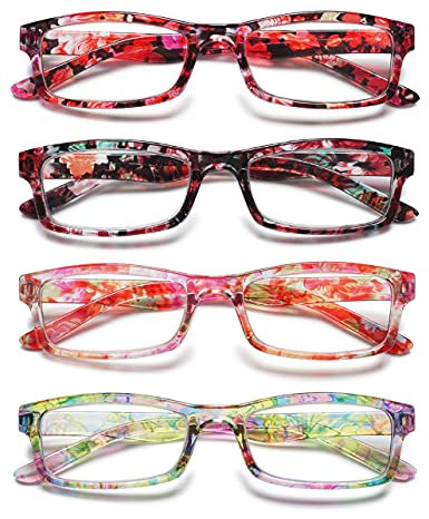 KOOSUFA Lesebrille Damen Blumen Qualität Rechteckige Anti Müdigkeit Brille Lesehilfe Sehhilfe Retro Designer Mode Vollrandbrille mit Stärke 1.0 1.5 2.0 2.5 3.0 3.5 4.0 (4 Farben Set, 4.0)