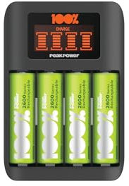 PeakPower Premium Schnellladegerät AA AAA, NiMH Batterie Ladegerät mit Einzelschacht-Ladung und LC-Display, Akku Ladegerät mit 4 Akkus AA Batterien wiederaufladbar