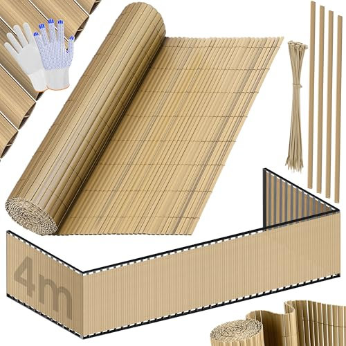 KESSER® PVC Sichtschutzmatte Sichtschutzzaun 80x400cm Balkonverkleidung Windschutz verstärkte Lamellen für Garten Balkon & Terrasse Balkonumrandung inkl Kabelbindern, Abdeckung & Handschuhe Bambus