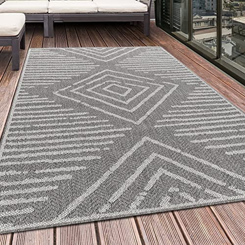 HomebyHome In- & Outdoor Teppich 120x170 cm, Wetterfest & Robust, Flachgewebe mit Modernem Boho-Design in Grau & Creme, Rechteckig für Terrasse, Balkon, Küche, Bad & Wohnzimmer