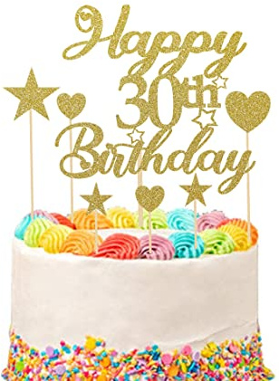 Tortenaufsatz zum 30. Geburtstag, Tortenaufsatz mit Herz, Stern, Cupcake-Topper mit Glitzer, Kuchendekoration für Geburtstagsparty, 9 Stück (Gold)