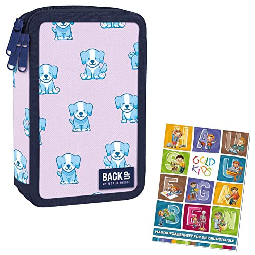 Goldkids Federtasche 3-fache Federmappe Federmäppchen 43-teilig gefüllte Schüleretui Stifte und Pinsel inkl. Aufgabenheft Federbox Etui Stiftetasche Schlamper-Etui Schul-Etui Hunde Dog Motiv