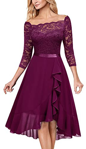 MIUSOL Women's Elegant Lace Chiffon 2/3 Sleeve Off-Shoulder Cocktail Ball Bridesmaid Patry Swing Midi Dress (X-Large, Magenta)