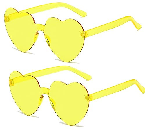 SECALIFE Lot de 2 paires de lunettes de soleil multicolores en forme de cœur sans monture - Lunettes de soleil surdimensionnées pour femme - Jaune, jaune, Taille unique