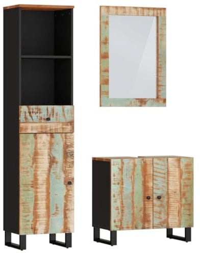 vidaXL Badmöbel Set 3 tlg., Waschbeckenunterschrank mit Holzbeinen, Spiegel für Badezimmer, Badspiegel Badschrank Badezimmerschrank Hochschrank, Massives Altholz