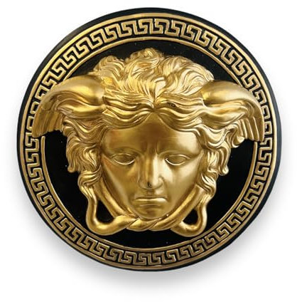 Wandrelief Wandbild Medusa Kopf Mäander Schwarz-Gold Antik Stil 20.cm Handbemalt Retro Vintage Griechischer Kopf zum Aufhängen