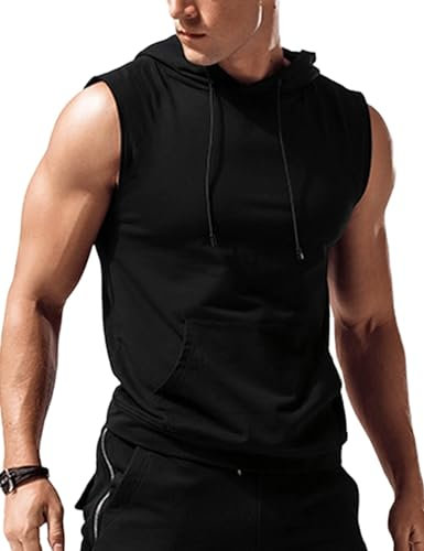 Babioboa Herren Muskelshirt Training Tanktop Workout Hoodie mit Tasche Unterhemd Gym Sports Fitness Training Schwarz L