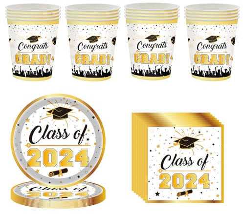 52Pcs Gold Graduation Tableware Kit for 16 Guest,2025 Graduate Paper Tableware 16Pcs Graduate Plates,16Pcs Paper Cups and 20p Napkin in Gold,Graduation Dinnerware Set for Grad Party Decor Supplies