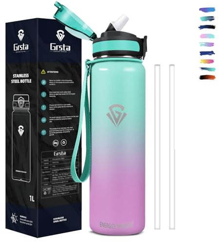 Grsta Gourde Isotherme, Gourde 1l Anti-Fuite, Gourde avec Paille, Gourde Inox pour Adulte, Gourde Sans BPA, Facile à Ouvrir, Verrouillage Sécurisé, Bouteille pour École, Bureau, Outdoor, Sport
