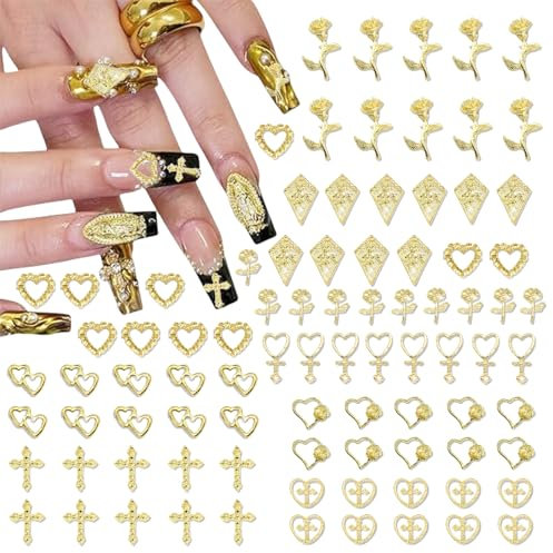 Nayyana 90 Stück goldene Nagelanhänger, Kreuz, Nagelkunst-Schmuck, Rosen-Anhänger für Nägel, Metall-Nagel-Edelsteine, luxuriöse Nageldekoration, für Maniküre-Design, Basteln, DIY