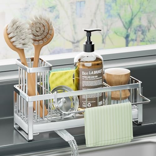 HapiRm Kitchen Sink Caddy - Self-draining Sponge Holder with Brush and Dishcloth Holder, Stainless Steel Sink Tidy Organiser with Divider for Countertop Kitchen Storage & Organisation