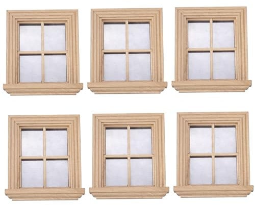 Dollhouse Windows 1:12 Scale 6PCS Wooden 4-Pane Doll House Window with Clear Glass Dollhouse Furniture Accessories for DIY Dollhouse or Model