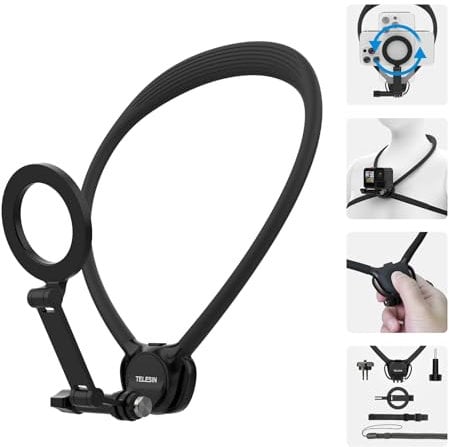 TELESIN SE 2.0 Hals Halterung Set, Magnetischer Telefonhalter für iPhone 16 15 14 13 Samsung Android, Flexible POV Necken Halterung für Go Pro Hero DJI Osmo Insta360 mit Multi-Winkel-Filmen, Zubehör