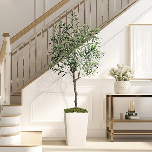 Ulivi artificiali per interni, 1,5 m, alta seta sintetica con vaso, foglie realistiche e tronco di legno naturale, alberi finti con frutti realistici, per casa, ufficio, camera da letto, soggiorno,