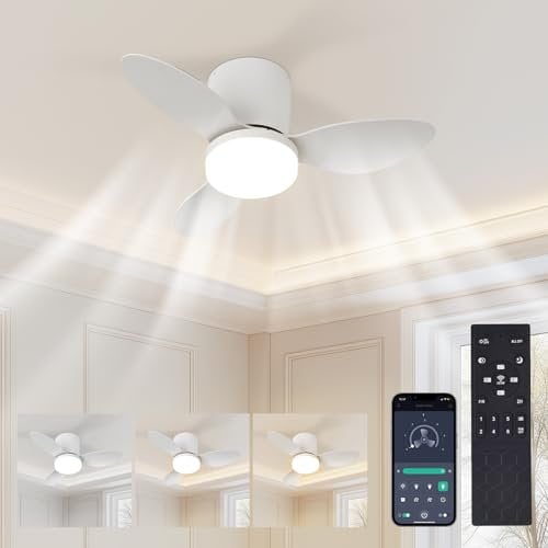 Silenzioso Ventilatore da Soffitto 60W, Ventilatore da Soffitto con Luce e Telecomando 65CM, Ventilatore da Soffitto con Lampada, 6 Velocità DC Reversibile, 3 Pale, Timer, Dimmerabile - Bianco