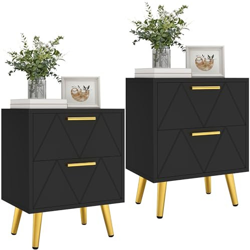 YITAHOME 2er-Set Nachttische mit 2 Schubladen, Moderner Nachttisch mit goldenen Metallbeinen und Griffen, Beistelltisch mit Stauraum für Wohnzimmer, Schlafzimmer, 40 x 30 x 52 cm (Schwarz)