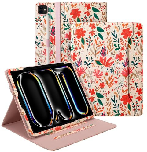 E NET-CASE Étui pour iPad Air 13 (M3/M2) 2025/2024 et iPad Pro 13 M4 2024 avec dragonne / porte-stylo pour iPad Pro 12.9 2022/2021/2020/2018 (6th/5th/4th/3ème génération) Fleurs