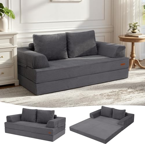 MeMoreCool Convertible Sofa Bed, Corduroy Folding Boneless Couch, Grey | Fold Out Floor Couch Sleeper Mattress With Pillows, Boneless Lounge Loveseat For Small Guest Space, Living Room, Bedroom