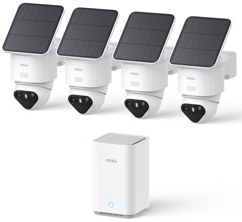 aosu T2 Ultra 4K Camera Surveillance Exterieure sans Fil Solaire 360°PTZ | 4 Caméras avec aosuBase 2.0, Sans Abonnement Requis, 1 To Extensible, Vision Nocturne TrueColor, Suivi Auto,AI 3 Détection