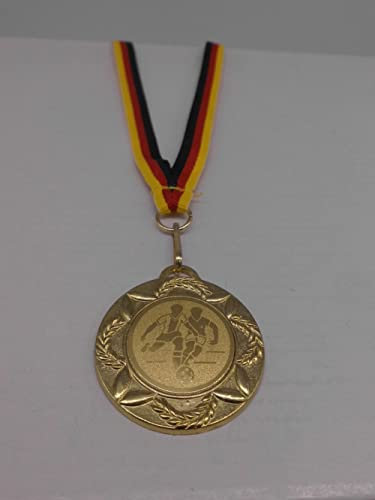 Fanshop Lünen Fußball 10 Stück Medaillen - Fussball - aus Stahl 40mm / Gold - inkl. Medaillen-Band - mit Emblem 25mm - Turnier - (9125)
