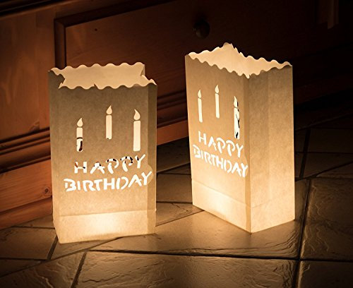 10 x Lichttüten feuerfeste Papiertüten für Teelichter Kerzen (Happy Birthday)