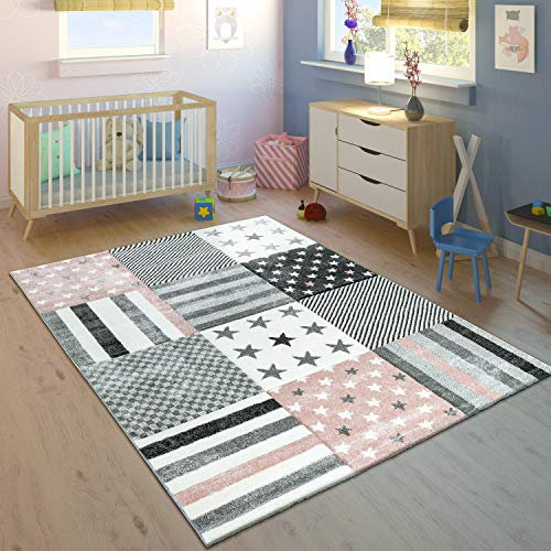 Paco Home Kinderteppich Kinderzimmer Konturenschnitt Stern Muster Rosa Grau Pastellfarben, Grösse:160x230 cm