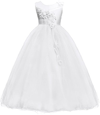 IBTOM CASTLE Fiore Ragazze Bambina Lungo Cerimonia Ricamo Vestito Elegante Bambini Principessa Formale Pageant Bianco 15-16 Anni