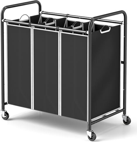 ROMOON Laundry Sorter, 3 Bag Laundry Hamper Sorter with Rolling Heavy Duty Casters, Laundry Organizer Cart for Clothes Storage, Black