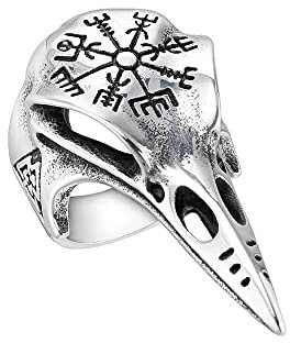 BlackAmazement 316L Edelstahl Ring Raben Krähen Skull Schädel Vegvisir Wegweiser Midgard Runen Wikinger Schriftzeichen Germanen Kelten Herren (65 (20.7))