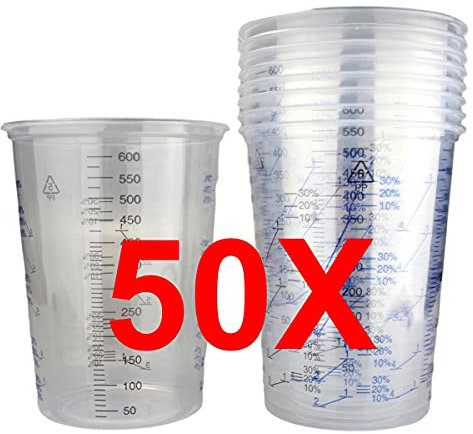 Alex Flittner Designs Mischbecher 50x Messbecher 600ml für Autolack Klarlack 2:1 3:1 4:1 Mischskala