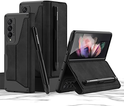 COQUE Galaxy Z Fold 3 5G, étui en Cuir Pliable à Rabat Mince avec Fente pour Stylo Velcro Amovible, Housse de téléphone Pliable pour Samsung Galaxy Z Fold 3 5G-Le Noir