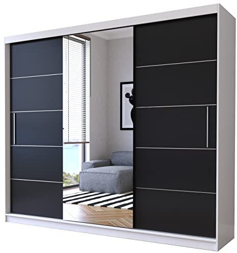 Fabryka Mebli Idźczak Kleiderschrank mit Spiegel, Schiebetüren - Weiß/schwarz Schwebetürenschrank, Schlafzimmerschrank - 61 x 250 x 218 cm - Schrank für Schlafzimmer, Wohnzimmer, Garderobe