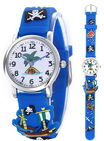 Mamiddle Mädchen und Jungen Analog Quarz Uhr mit Cartoon Design 30M wasserdichte Silikon/Nylon Armband Japanischen Quarzwerk Lern Armbanduhr für Kinder 3-10 Jahre (Silikon - Piratenschiff Blau)