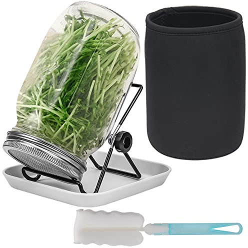 Hisredsun keimgläser-Set, 1 Einmachgläser mit breiter Öffnung und 304 Edelstahl-Siebkeimdeckel, 86 mm Kaliber, 1000 ml, mit Tablett, Ständer, Schattiertuchbeutel und Dosenbürste