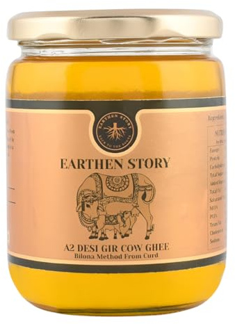 Earthen Story A2 Ghee von Kuh 500 ml | A2 Kuh Ghee Bilona Methode aus Quark | 100% rein, natürlich & gesund | A2 gir Kuh Ghee im Glas | Labor getestet