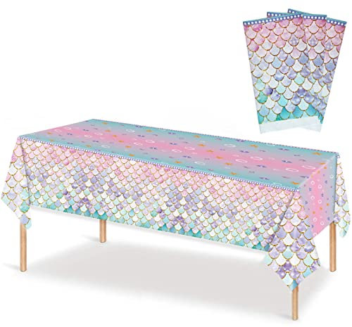 3 x Meerjungfrauen-Tischdecke unter dem Meer, Thema Geburtstagsparty, Dekorationen, Einweg-Kunststoff-Tischdecke für Mädchen, Prinzessin, Babyparty, Thema, Geburtstag, 137x 274cm