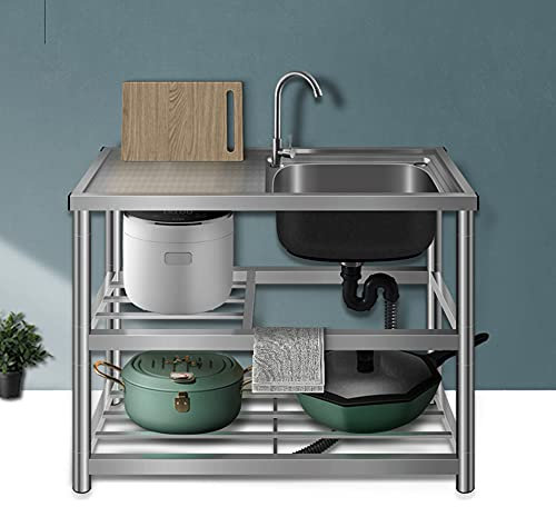 WIQUYBML Küche Gastronomie Küche Haushalt Kleines Waschbecken mit einfachem OP-Tisch Edelstahl Einzeltank Gewerbewaschbecken Küche Haushalt Kleines Waschbecken für drinnen, draußen, Garage (Right Sin