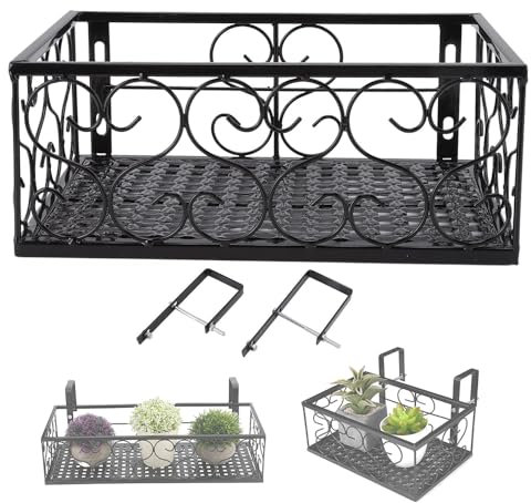 Cesta de Hierro para Colgar Flores, Soporte de Flores para Ventana de Metal Negro, Estante de Barandilla Decorativa, Soporte para Maceta de Flores Suculentas para Balcón, Patio(For 6.5cm Railing)