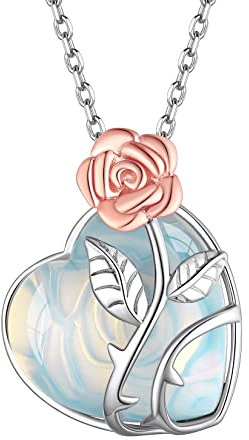 Suplight Collana donna argento 925 con ciondolo cuore pietra di sintesi pietra di luna con fiore rosa collana donna con pietra cuore mese giugno collana argento donna