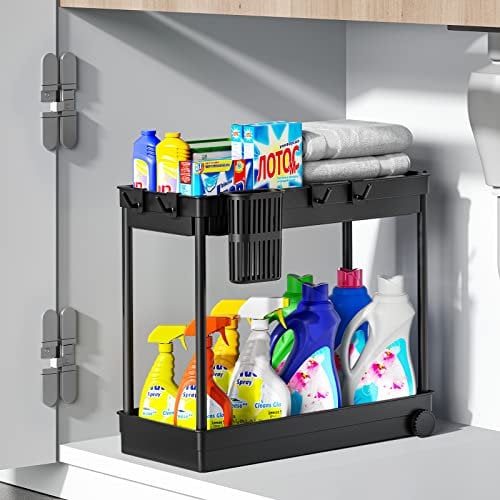 ASOBEAGE Mensola sotto il lavandino, 2 ripiani, portaspezie, ripiano da cucina, organizer scorrevole con ganci, per l'uso in cucine, bagni e spazi ristretti, colore nero