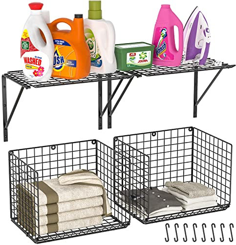 3IngSeagulls 2 Pack Laundry Room Shelves, Wire Baskets with 8 Hooks, Over Washer and Dryer Shelf, Wall Mounted Storage and Clothes Drying Rack, Black