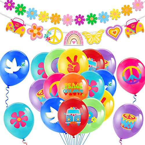 HOWAF 60er Jahre Hippie Thema Party Luftballons, Groovy Retro Hippie Boho Luftballons Frieden Zeichen Luftballons 60er Jahre Groovy Party Retro Blumen Friedenszeichen Banner für 60er Jahre Hippie Deko