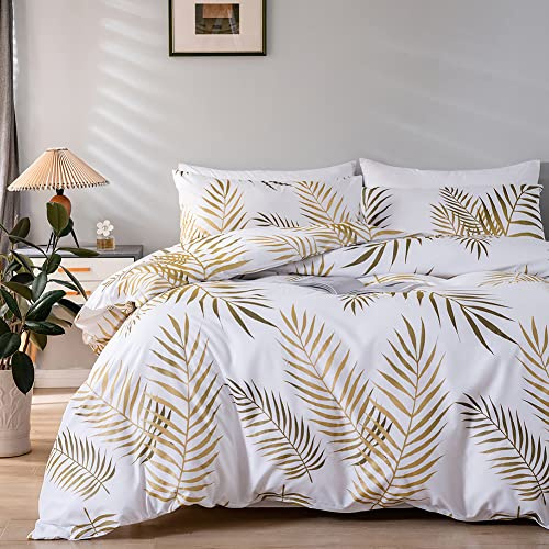 Bettwäsche 220x240 Weiß Gold Blätter Bettwäsche-Sets 2 Kissenbezug 80x80 cm | Oeko tex, Microfaser, Palmenblätter Muster, Bettbezug, Reißverschluss, Doppelbett, 3teilig