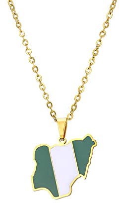 Afrika-Nigeria-Karte Mit Flagge-Anhänger-Halskette – Tropfen-Öl-Welt-Ethno-Stil Schlüsselbeinkette Unisex Patriotischer Charm-Schmuck Pullover-Kette Für Paare Geometrie-Halskette, Gelb, 45 Cm