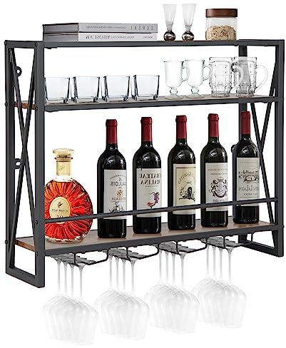 COSTWAY Casier à Bouteilles Mural Industriel, Étagère de Rangement à 3 Niveaux avec 4 Porte-Verre à Pied, Étagère à Vin pour Cuisine, Bar, Salle à Manger, 20 x 80 x 63 cm