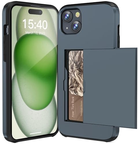 ACOCOBUY Compatible with iPhone 15 Plus Case with Card Holder Shockproof Protective Dual Layer Hidden Credit Card Slot Heavy Duty Wallet Phone Cover Armor Back Shell 6.7 inch for Men Women Navy