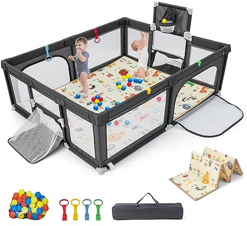 DREAMADE Laufstall baby, 207 x 145cm Laufgitter mit Matratze & Basketballkorb & Zugring, Schutzgitter mit Rutschfester Basis, Krabbelgitter für Kinder