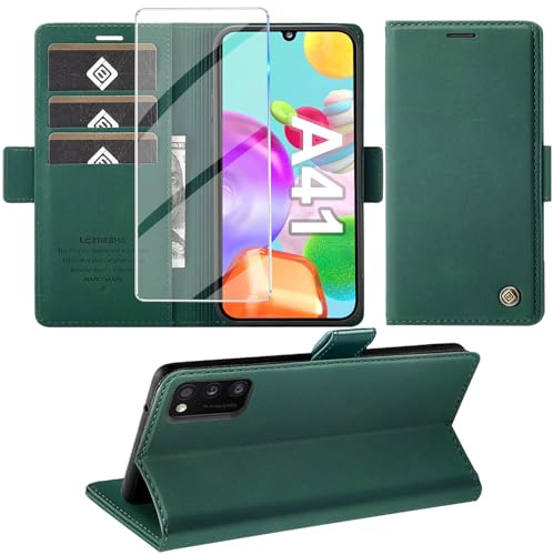 Giyer Handyhülle für Samsung Galaxy A41 Hülle mit Displayschutzfolie, Schutzhülle Galaxy A41 PU Leder Wallet Flip Case Standfunktion Kartenfach Klapphülle für Samsung A41 Tache Cover (Grün)